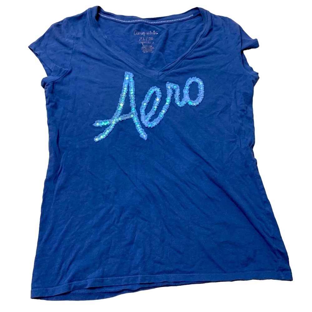 Aeropostale | Y2K V-Neck Blue Tee Sequence AERO Short Sleeve Junior XL